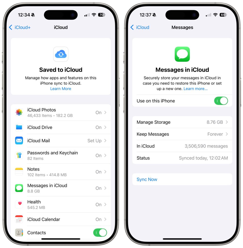 Pictures of iCloud storage and Messages in iCloud