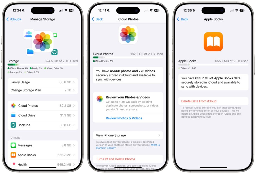 Screen captures of Manage iCloud Storage, iCloud Photos and Apple Books settings screens.